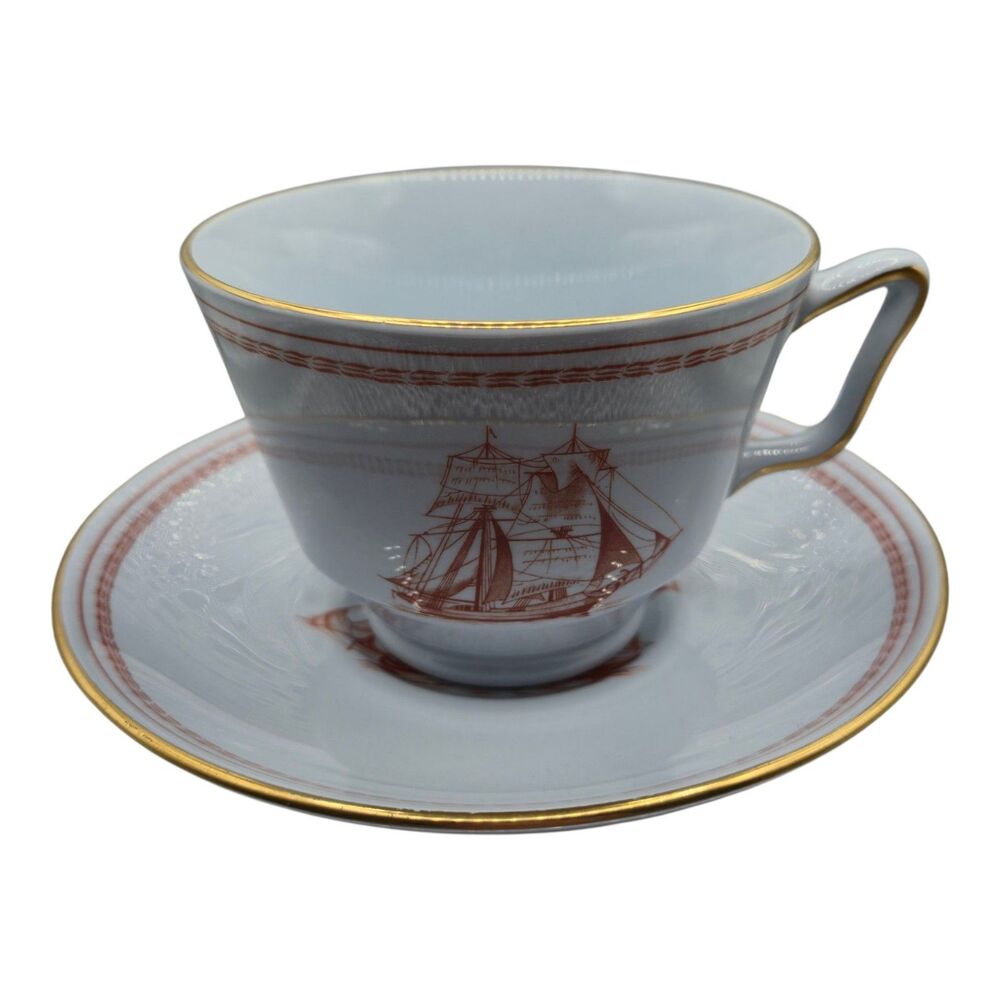 Spode Trade Winds Cup and Saucer Set Light Blue Red Gold England Replacements